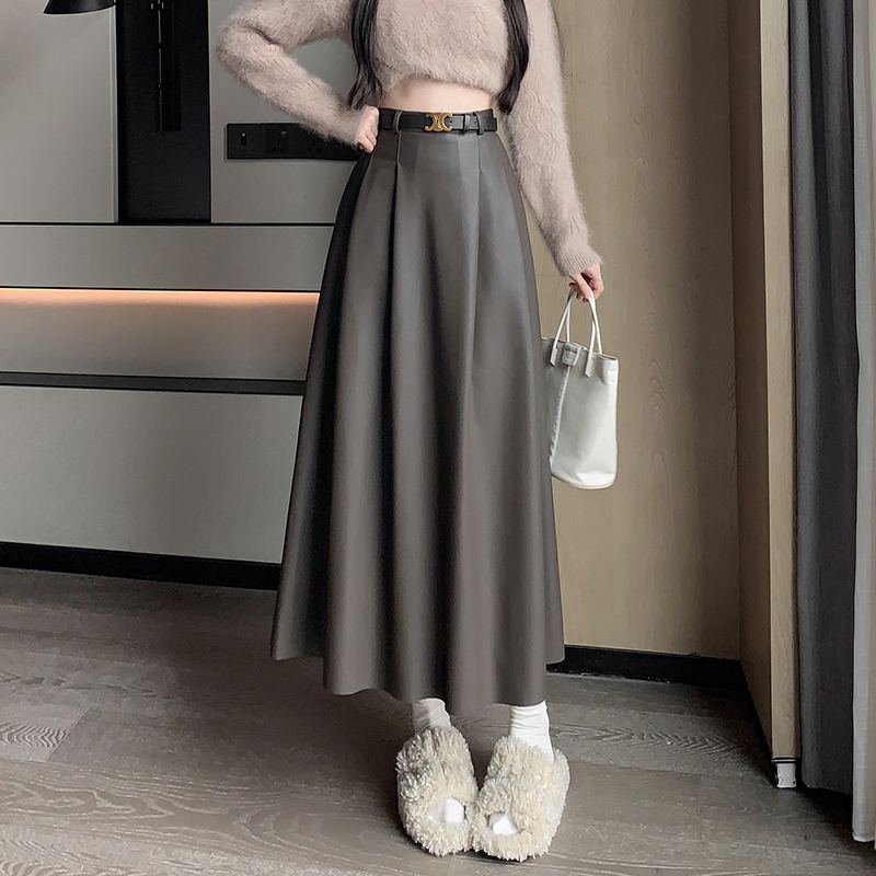 通勤皮裙女2025冬新大摆皮裙高腰中长裙a字裙遮胯显瘦pu皮半身裙
