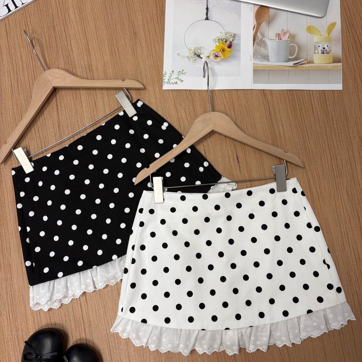中裙 春夏2026新款韩系ins小清新波点拼接花边半身裙甜美a字短裙