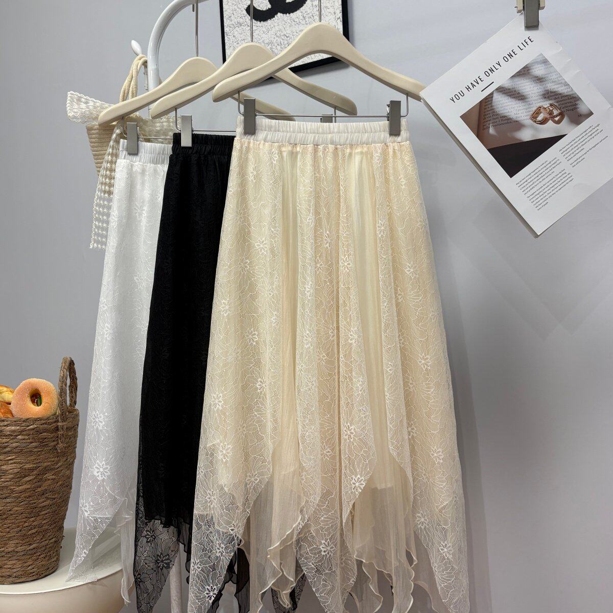 中裙 春夏新款2026韩系chic蕾丝拼接不规则大摆半身裙绝美仙女裙