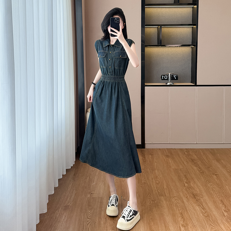 2025新款法式连衣裙牛仔无袖a字长裙露腰显瘦港风复古