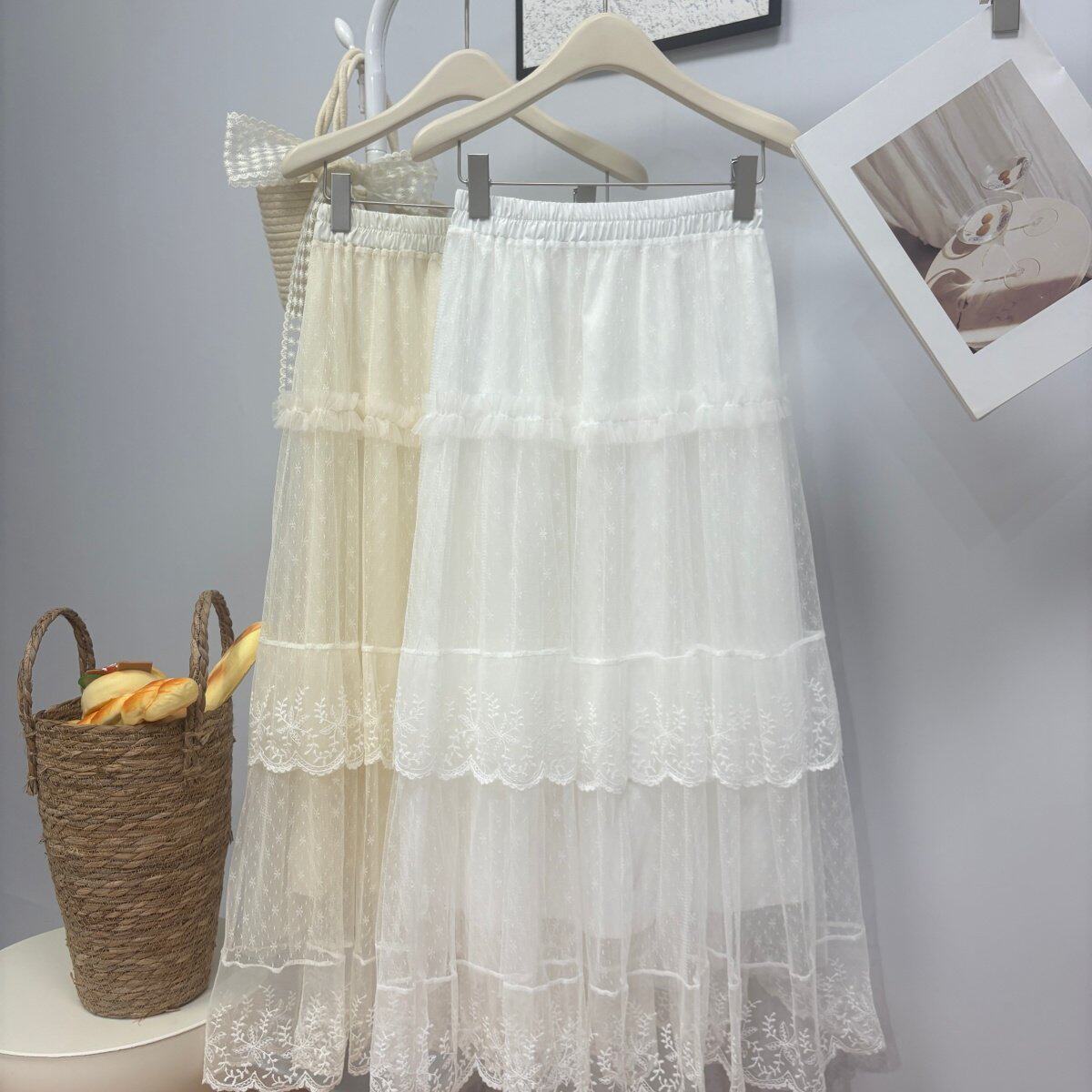 中裙 春夏新款2026韩系ins蕾丝花边拼接蛋糕裙百搭长款半身裙纱裙