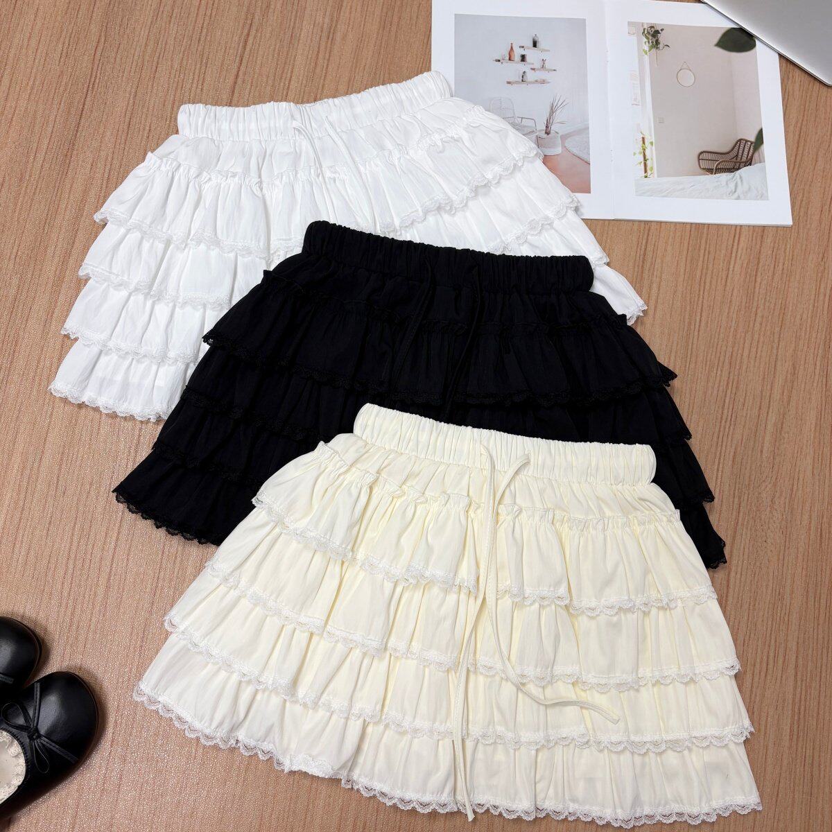 中裙 春夏2026新款蕾丝花边拼接蛋糕裙短裙韩系ins甜美系带半身裙