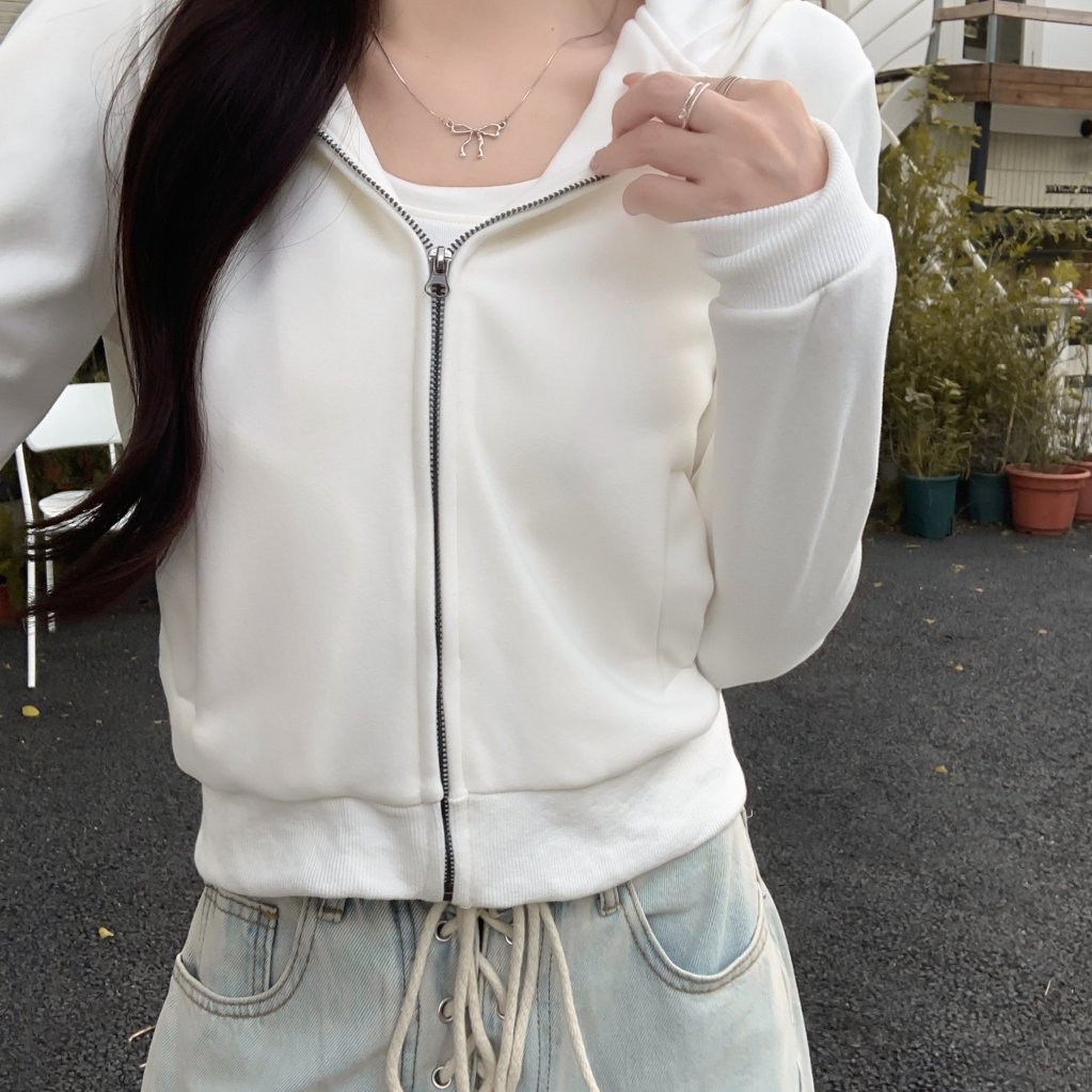 通勤通勤小个子短款开衫连帽上衣2025秋冬白色卫衣女韩版小外套