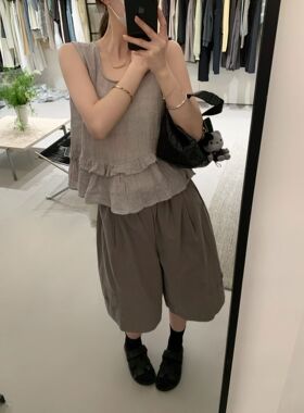 FOCUSE正品～松紧腰五分裤中裤休闲直筒百搭韩系麻料26夏季