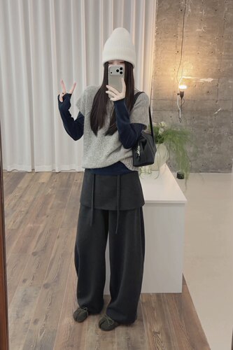 AMIDI正品～屁帘裤松紧休闲宽松百搭长裤+短袖毛衣+羊毛打底叠穿