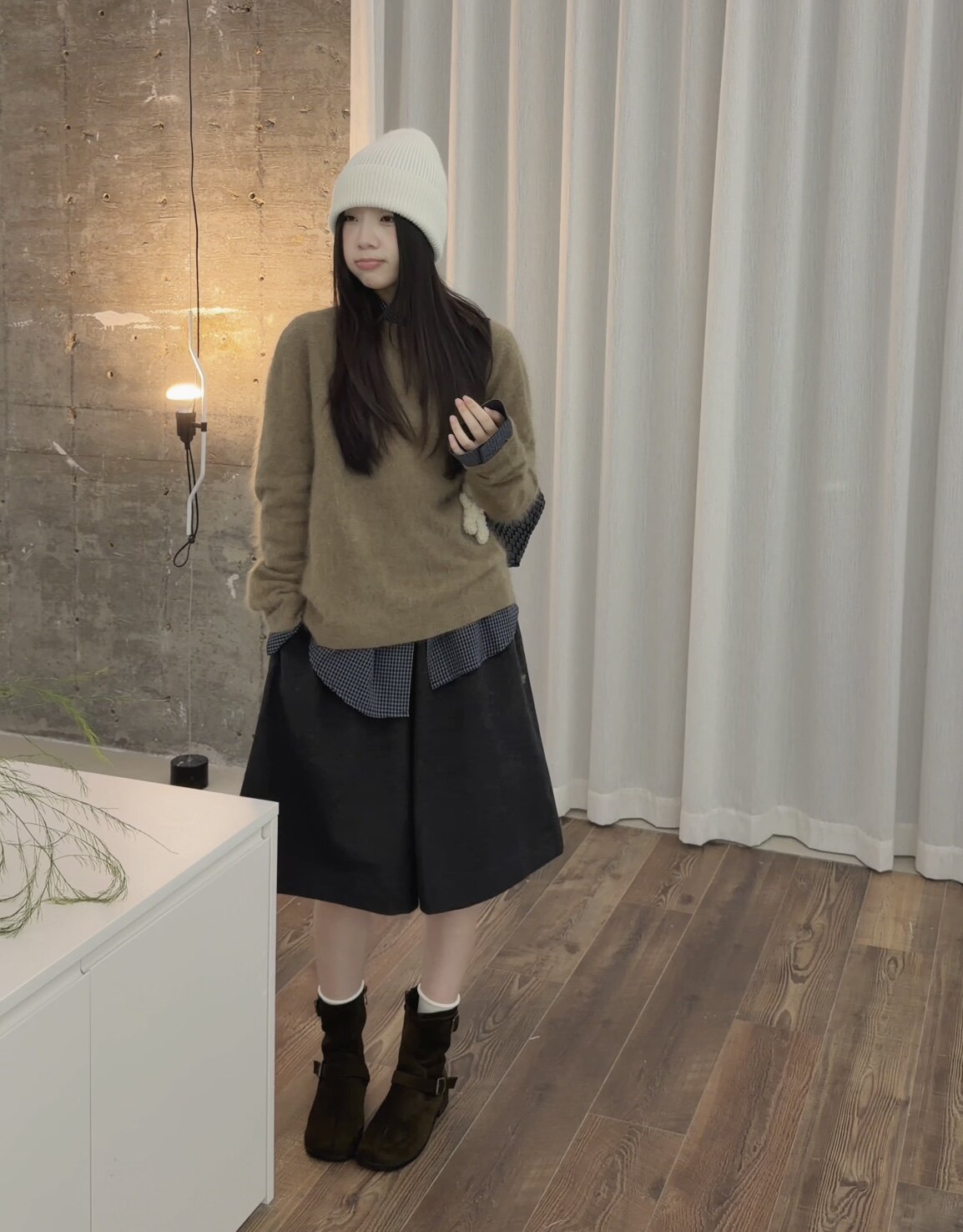 AMIDI正品～羊绒拉毛毛衣圆领套头+格子衬衫+深灰色中裤26秋季