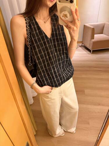 oker章壳儿正品～肌理感挂脖背心吊带格纹上衣26夏新款A877