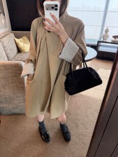oker章壳儿正品~中长款风衣外套女袖口拼接格纹休闲26秋季A1035