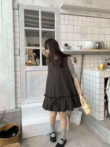 HZH正品～格子连衣裙无袖短裙+叠穿打底长袖26秋季新款