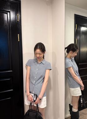 oker章壳儿正品～小飞袖格纹衬衫短袖修身短款衬衣26夏季A772
