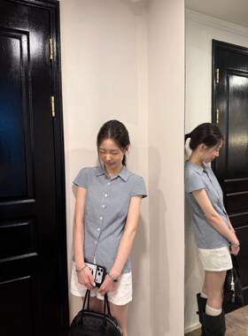 oker章壳儿正品～小飞袖格纹衬衫短袖修身短款衬衣26夏季A772