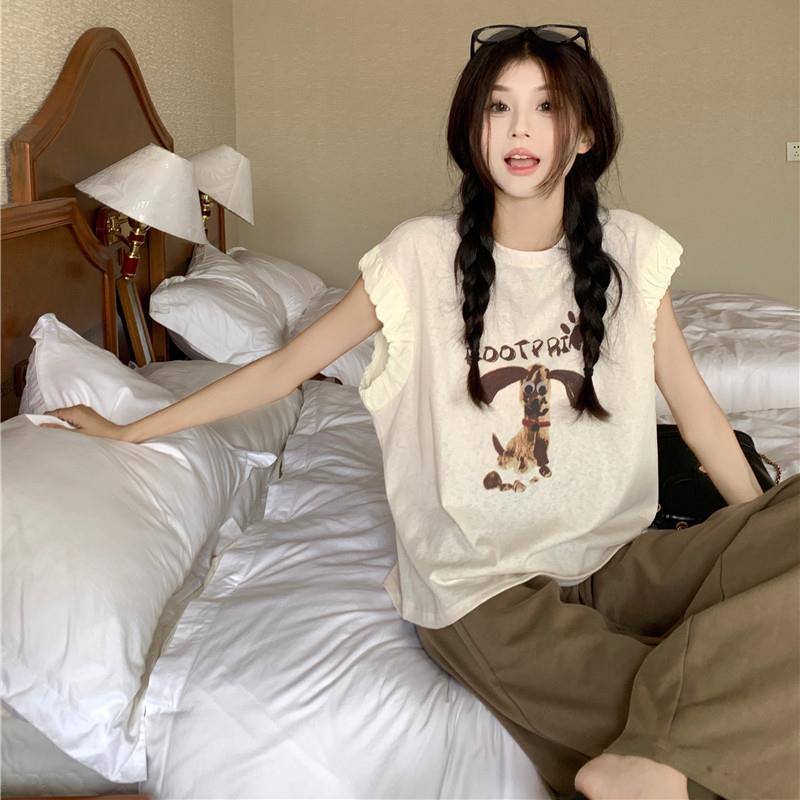 美式复古小狗印花无袖背心T恤女夏季新款显瘦宽松外穿小飞袖上衣