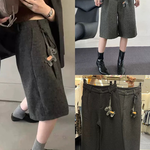 松紧高腰休闲外穿短裤 女2025秋冬单裤 灰色阔腿羊毛质感七分裤 韩版
