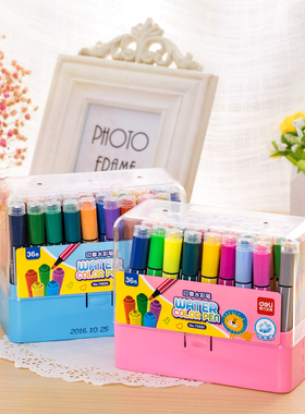 得力70655水彩笔带印章儿童无毒水彩笔可水洗幼儿园彩笔套装36色画画笔水彩24色印章水彩笔12色粗头水彩笔
