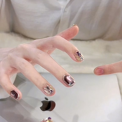 暗夜紫纯手工穿戴美甲棕咖宝石手绘立体雕花豹纹美甲贴片10片