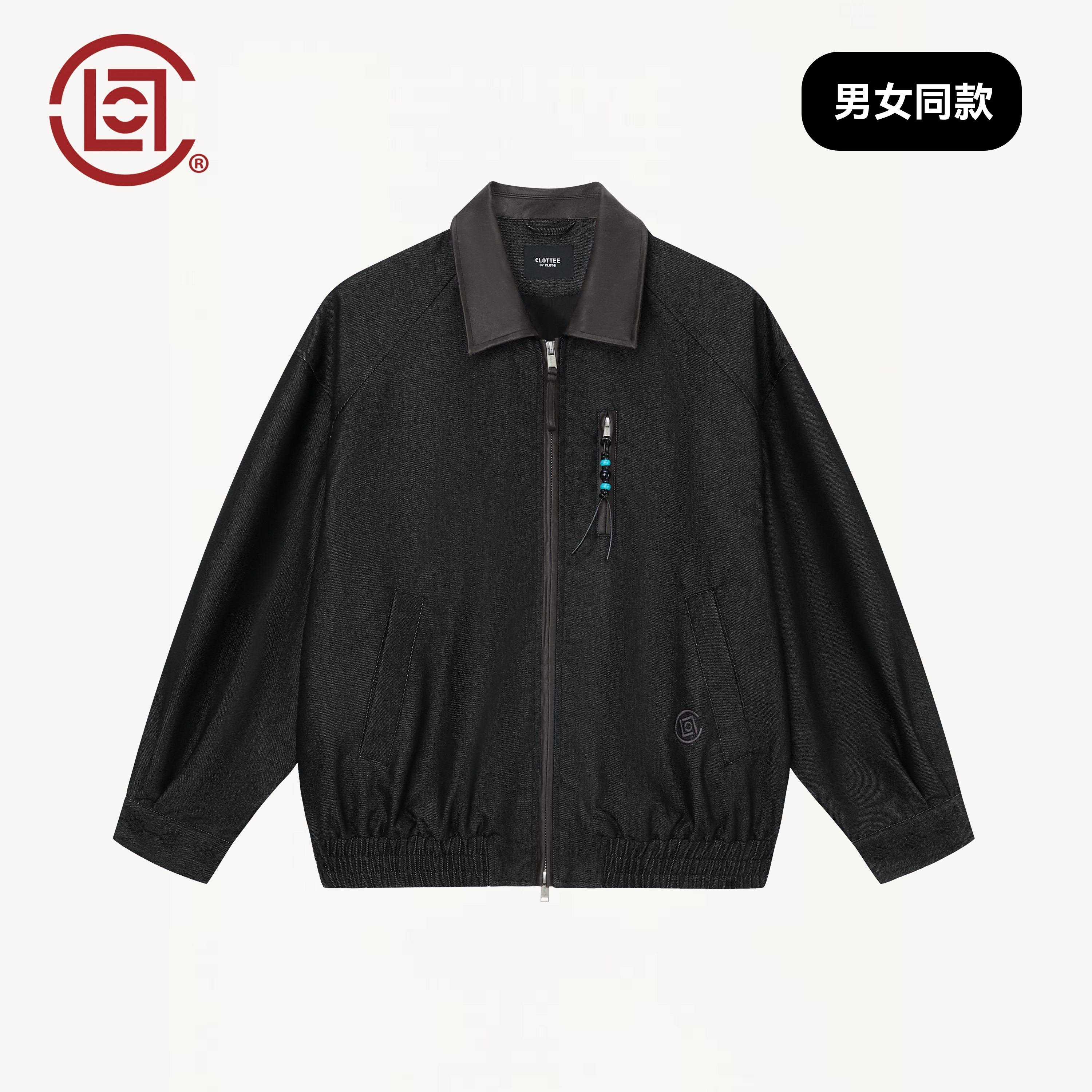 CLOTTEE秋季男皮领拼接牛仔夹克图片