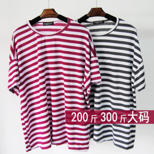加肥胖妹妹加大码女装夏200斤300斤弹力圆领条纹宽松短袖T恤上衣