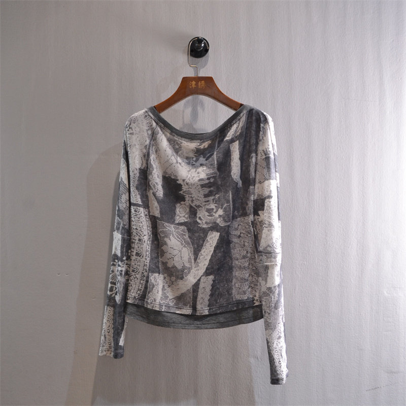 金诚家jinchengjia女装2026春款水墨风印花拼接一字领长袖T恤修身