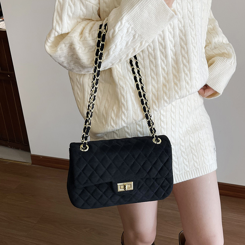 2026春季新款百搭时尚菱格链条包女黑色小方包单肩斜挎包小众
