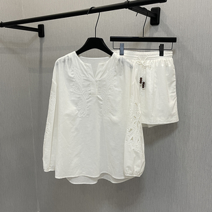 套装 女老钱风夏高级感亚麻防晒两件套松弛感穿搭 短裤 白色刺绣衬衫