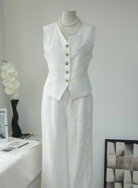 【低调老钱】100亚麻马甲女夏马夹阔腿裤套装收腰显瘦V领白色上衣