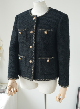 【小香外套】高级短外套女高质感重工羊毛黑色亮丝镶边赫本风简约