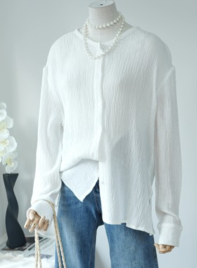 【慵懒随性】亚麻衬衫白色褶皱开衫防晒衫女长袖明星同款百搭上衣