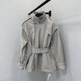 收腰带廓形外套通勤穿搭高级感轻薄春夏外套 灰色立领风衣女中长款