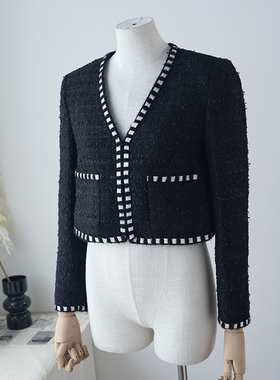【小香外套】2025秋新款法式小香风羊毛短外套v领黑色粗花呢上衣