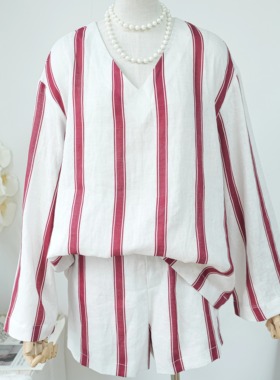 【格桑雅儒】老钱风慵懒条纹亚麻套装夏季松弛感度假风防晒两件套