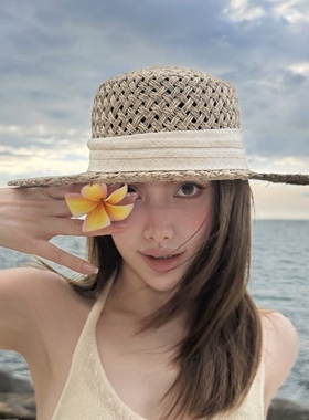 法式镂空丝带平顶草帽夏海边沙滩度假草编防晒遮阳帽纯手工草帽女