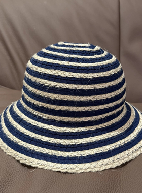 时尚天然麻绳藏蓝色草编条纹渔夫帽遮阳帽夏季新款洋气防晒盆帽女