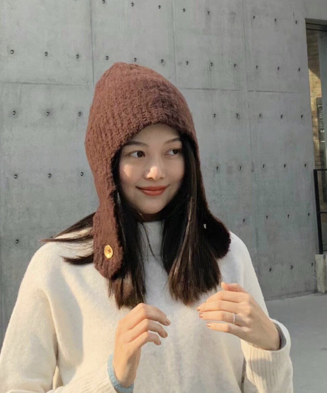 晚晚同款栗子色毛线帽子护耳围巾一体复古针织包头帽冬保暖飞行帽