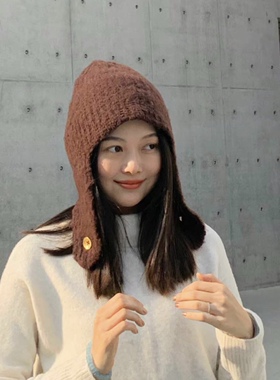 晚晚同款栗子色毛线帽子护耳围巾一体复古针织包头帽冬保暖飞行帽