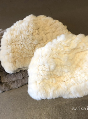 进口獭兔毛帽子女秋冬保暖皮草毛绒帽网红款手工编织真毛毛包头帽