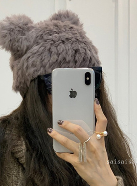 熊耳朵帽子女秋冬韩版百搭真兔毛帽子保暖毛绒帽可爱毛线帽皮草帽