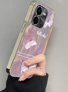 适用vivoy37pro手机壳新款y200Y100i水波纹蝴蝶y53s硅胶vovoy52s全包y31s标准版防摔y33s电镀y32ty30g潮