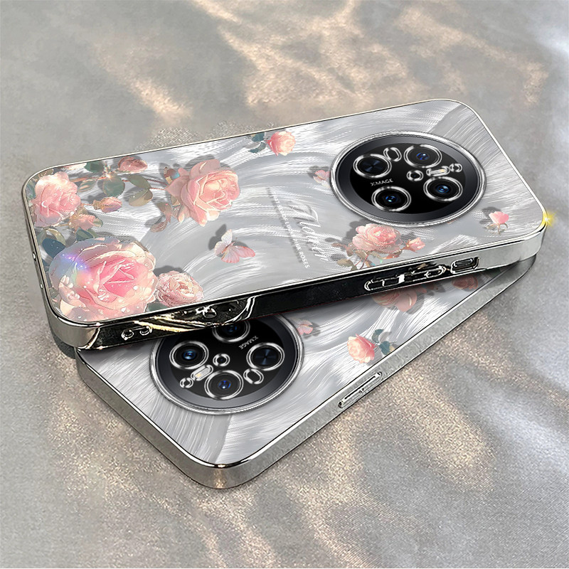 适用华为mate70手机壳新款mate60/50/40pro羽纱粉玫瑰mete30e防摔硅胶M60RS全包软壳mate20por电镀10高级感