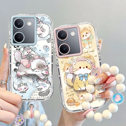 适用vivoY100手机壳Y100可爱卡通小猫保护套V2313A新款带支架手链vivo曲屏女生外壳软硅胶全包防摔曲面屏vo潮