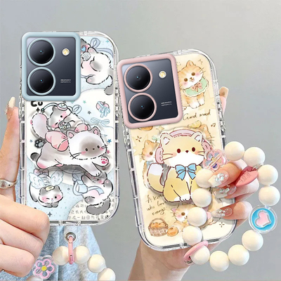 适用vivoY77t手机壳vivo Y77t保护套新款可爱卡通小猫外壳V2166BA硅胶软壳带支架手链全包防摔步步高vovi女生
