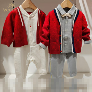 英氏男童红色针织衫男宝宝假两件连身衣春秋长袖羊毛格子衫裤子