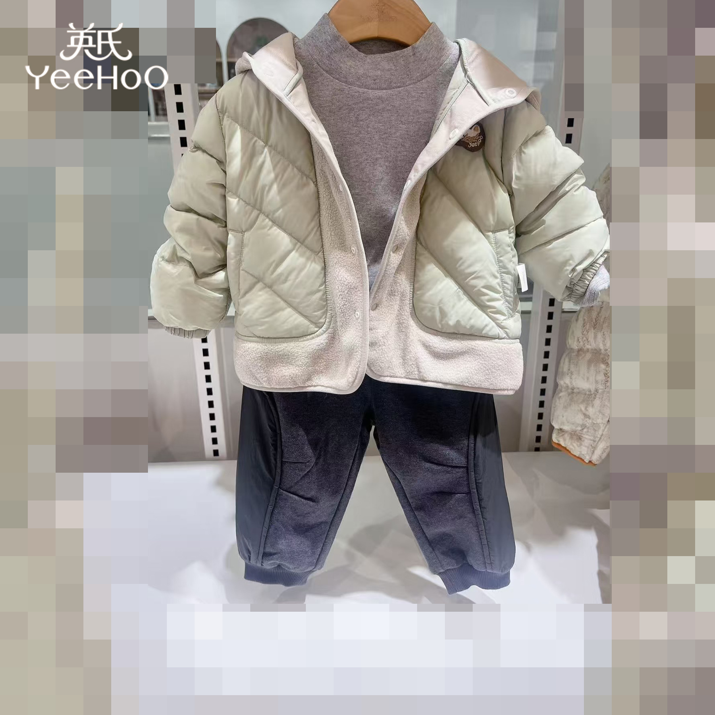 英氏男童撞色羽绒服外套秋冬长袖T恤纯色儿童保暖打底衫针织长裤