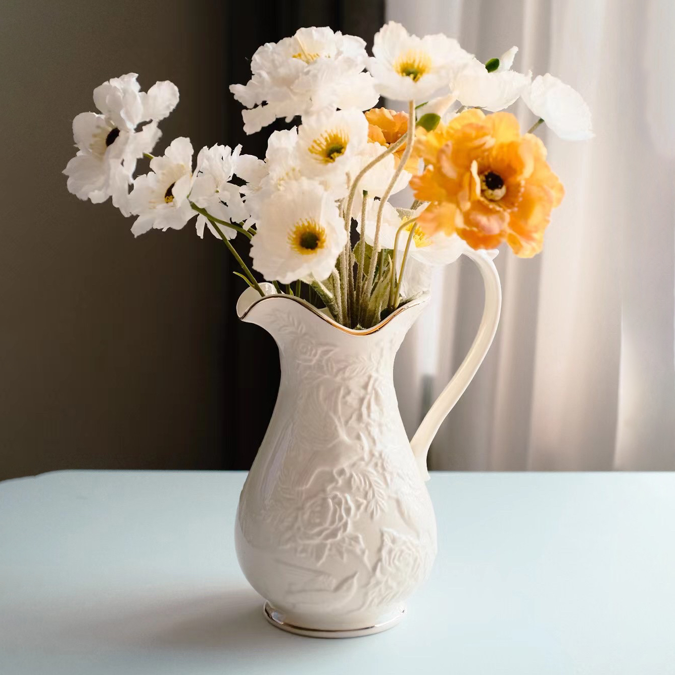 lenox平替花鸟水壶花瓶浮雕艺术花瓶高级感小众奶油色花瓶带礼盒