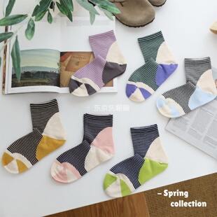 人手两双不嫌多！拒绝平庸~日系拼色条纹袜，透气舒适中筒袜 七色