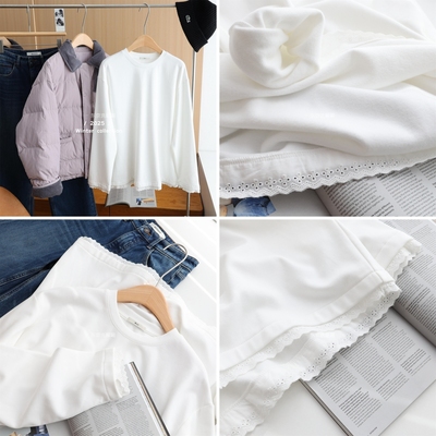 加绒！唯美蕾丝下摆，自在随性百搭白色T恤，冬季保暖中长打底衫