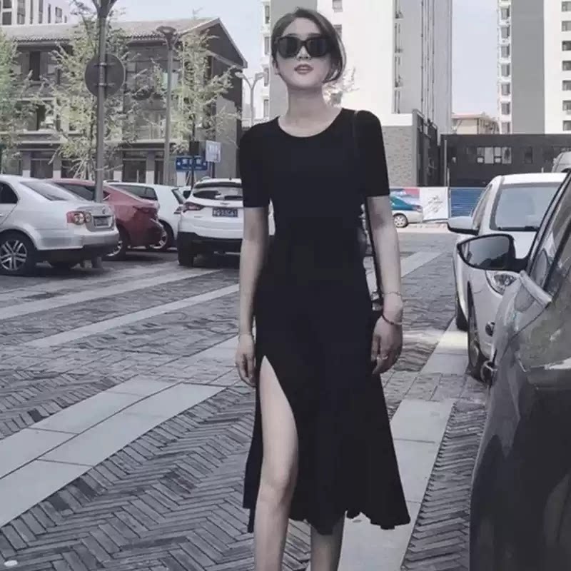 夏季新款针织小心机短袖小黑裙显连衣裙