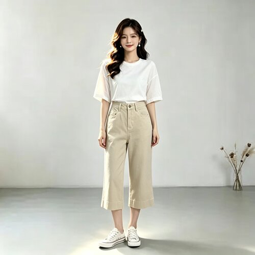 丹德兰 慵懒风高腰阔腿牛仔裤女夏季宽松七分裤-TE89035-1