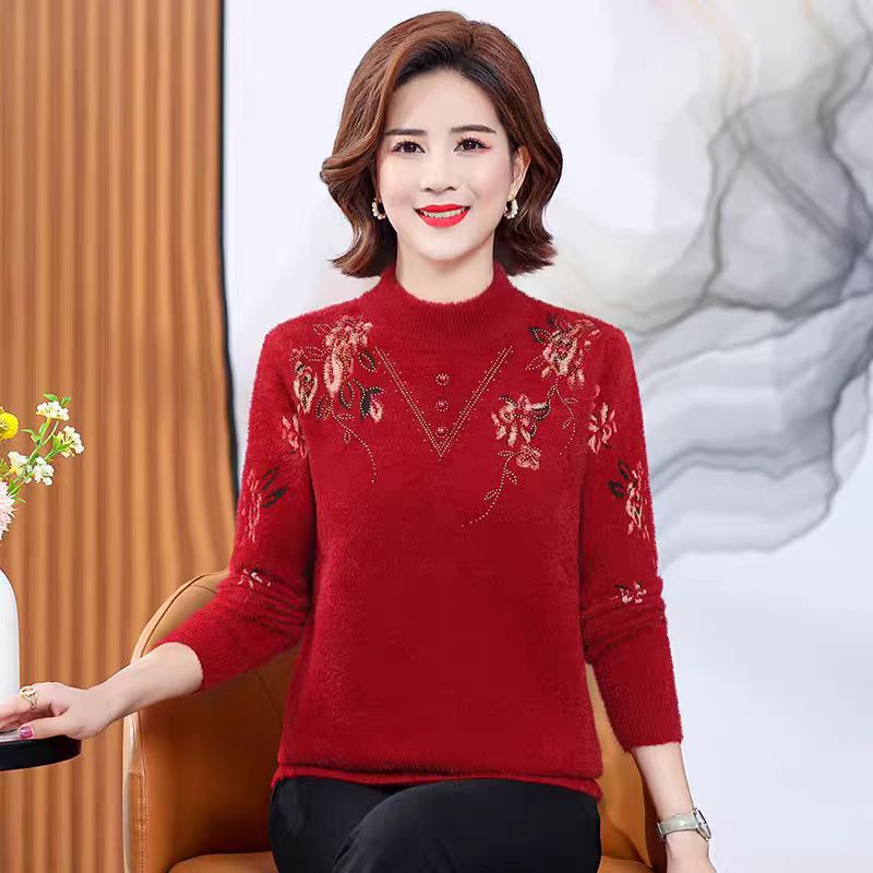 中年女装半高领绣花仿貂毛衣中老年妈妈加厚针织衫奶奶装