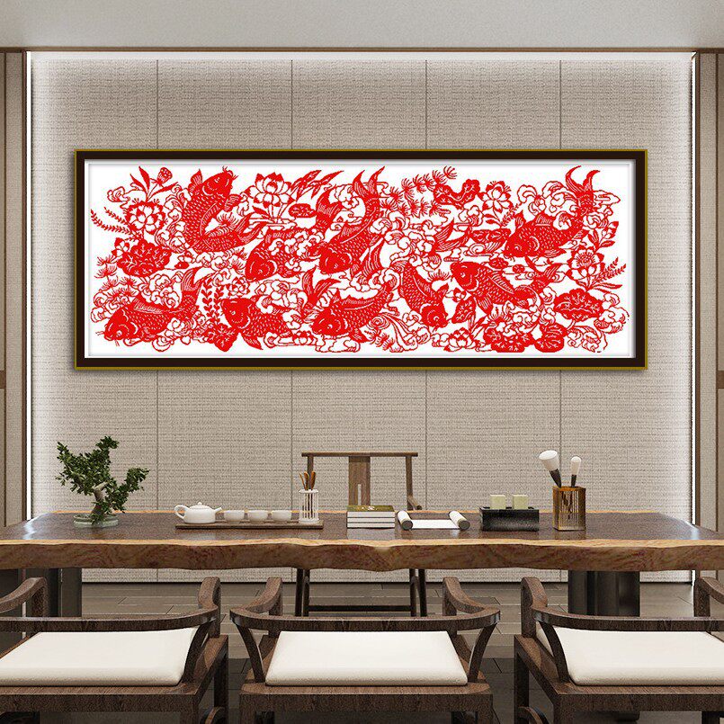 中式剪纸风十字绣富贵有余九鱼图红色喜庆春节送礼手工印花简单绣