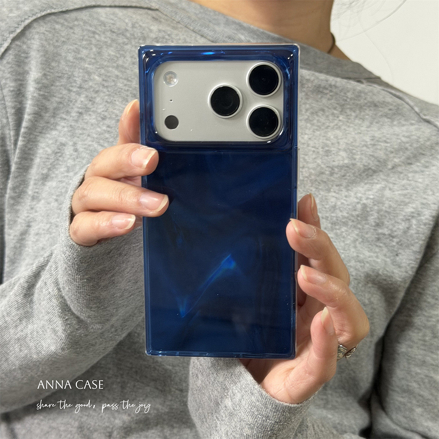 高级简约深海蓝水波纹方形手机壳